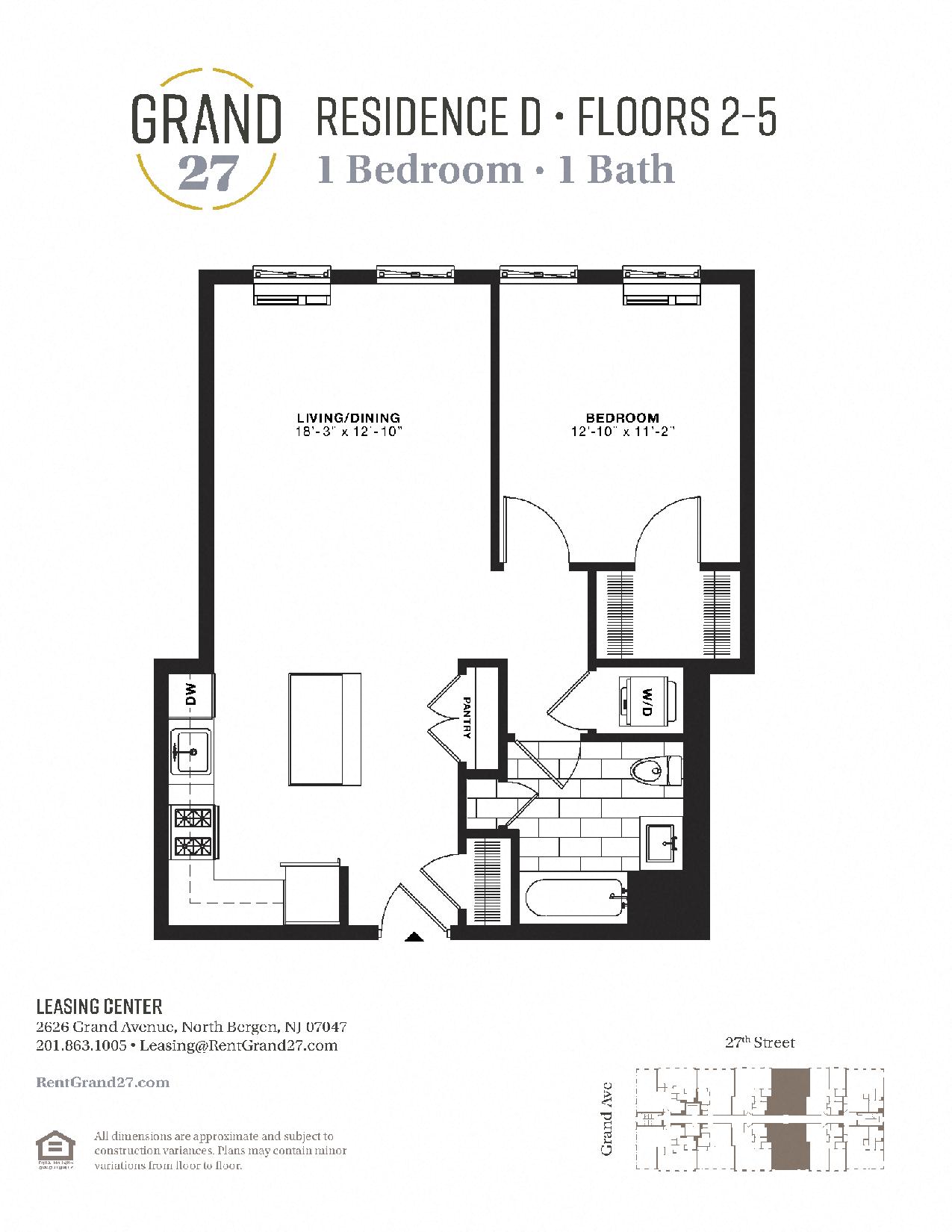 Floor plan for 1 bed, 1 bath, 748 sqft